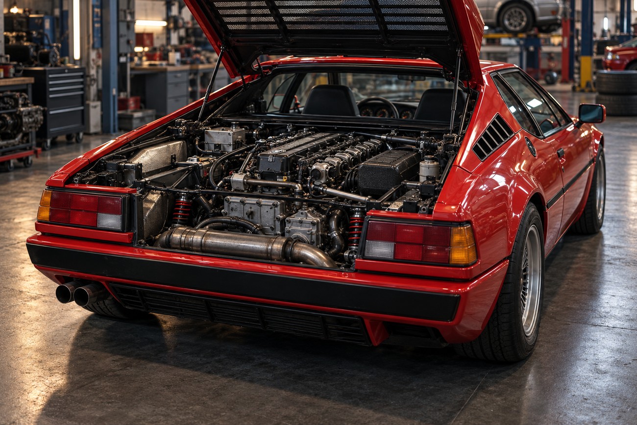 Rear view of a classic red BMW M1 supercar with open engine bay in a workshop