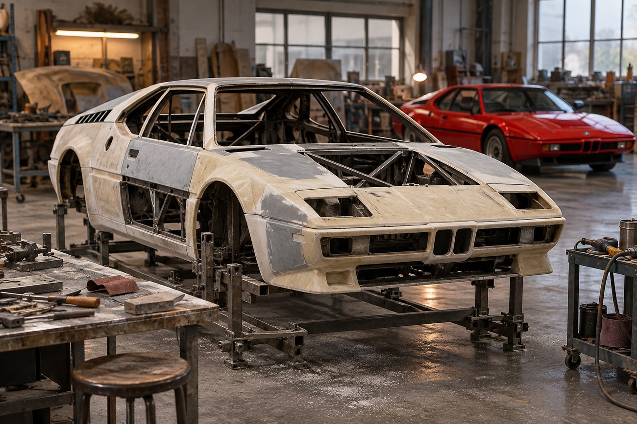 Unfinished BMW M1 body shell mounted on a metal frame inside a restoration workshop with a red BMW M1 in the background