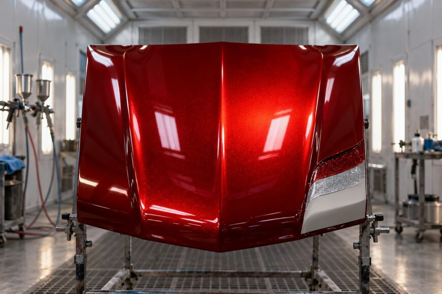 A glossy red candy and pearl painted car hood mounted on a stand inside a bright automotive paint booth