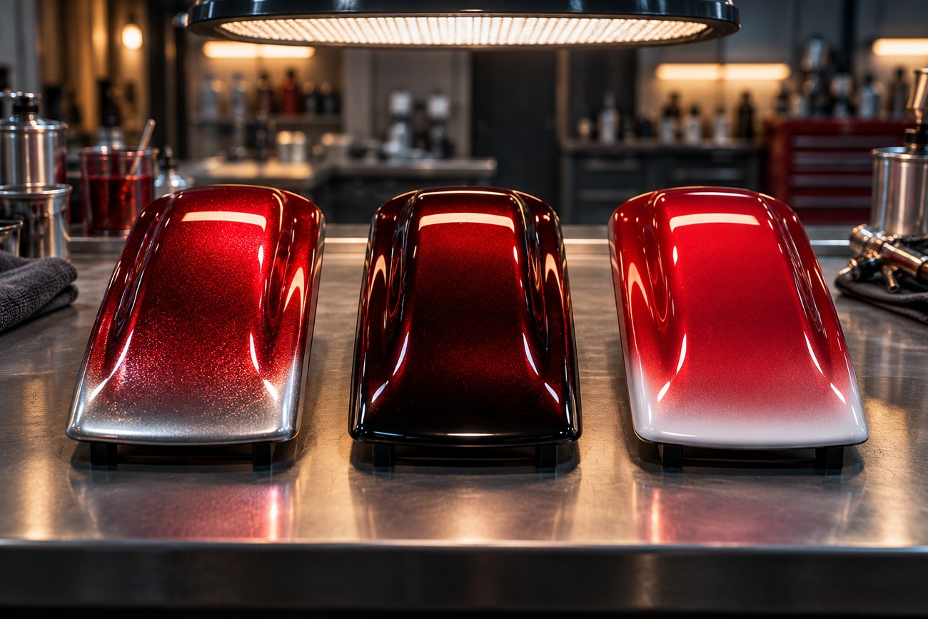 Three painted metal motorcycle fenders with glossy red candy and pearl finishes displayed on a metal workbench in an auto body shop