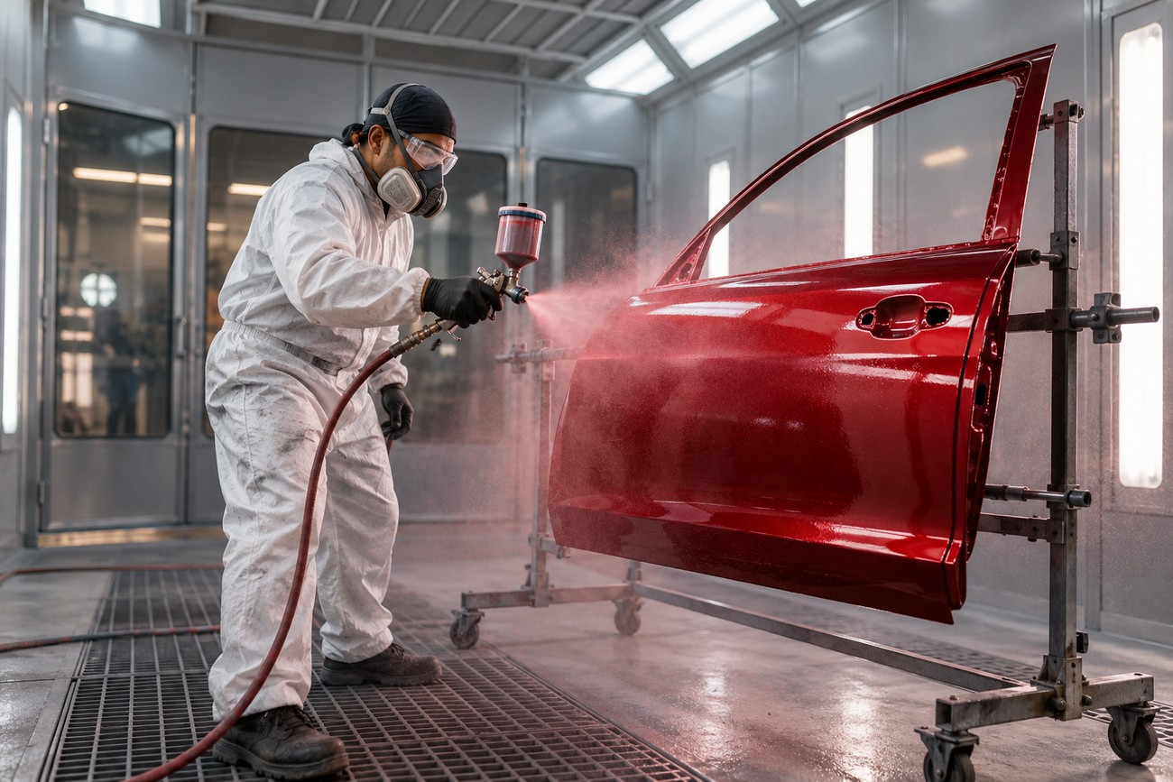A technician wearing a protective suit and respirator sprays red candy paint onto a car door in a booth