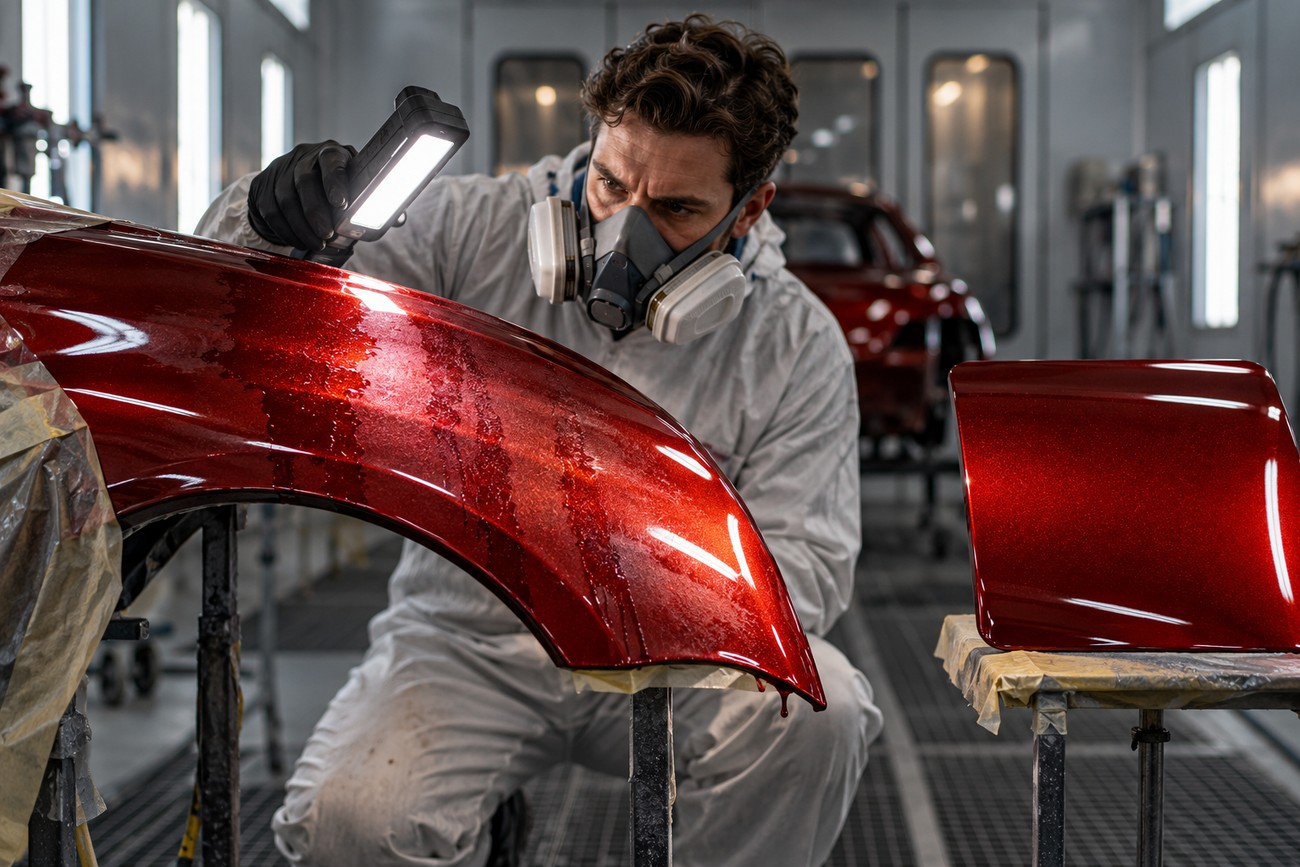 Car painter wearing a protective mask holding a work light to inspect the sparkling red candy and pearl coat on a vehicle fender