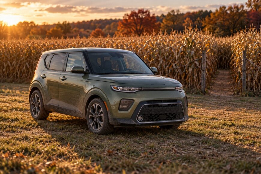 A green Kia Soul parked on a dirt path next to a tall autumn corn maze at sunset