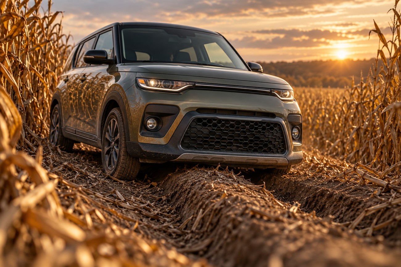 A green Kia Soul driving through muddy tracks in a harvested corn maze during sunset