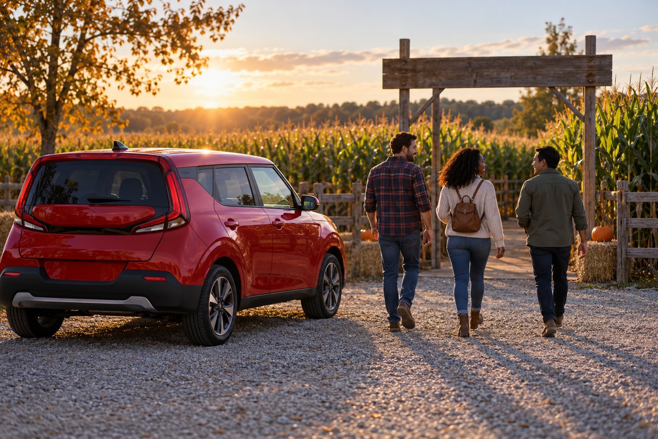 A red Kia Soul parked by the entrance of a corn maze with three friends walking toward it at sunset