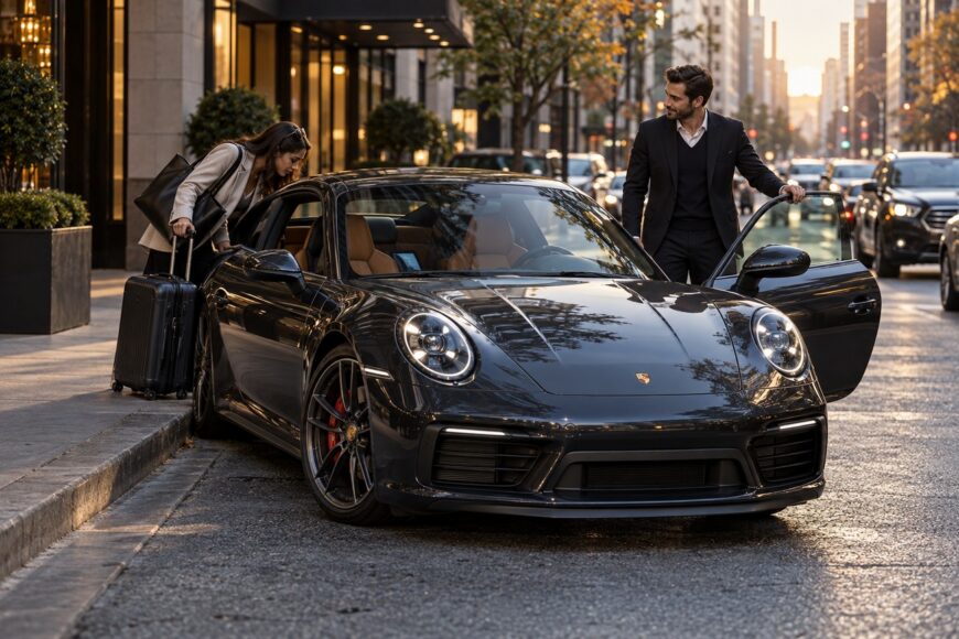 A male Uber driver in a suit holding open the door of a dark grey Porsche 911 while a female passenger with luggage boards the luxury car on a city street