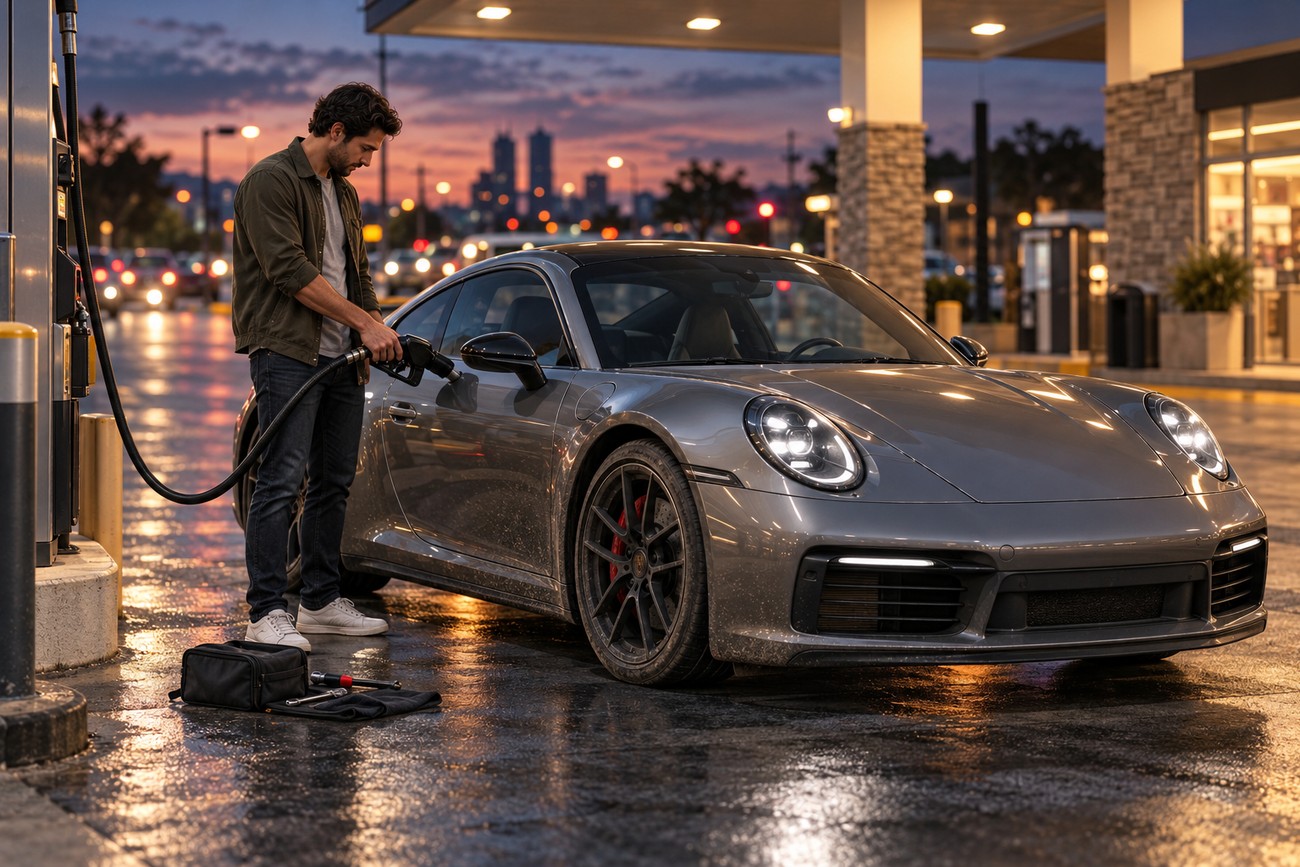 A male Uber driver fueling up a gray Porsche 911 sports car at a bright gas station during evening twilight