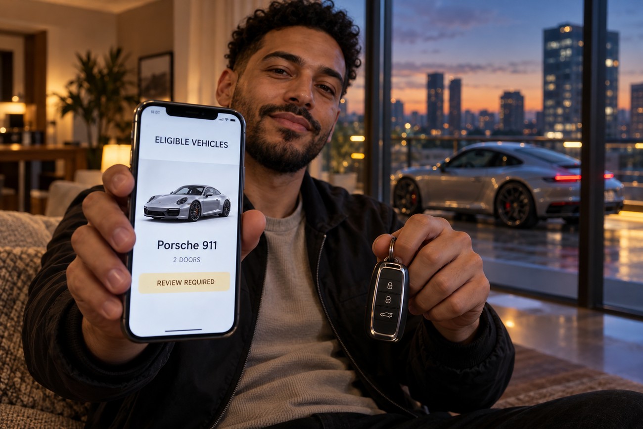 A smiling driver holds up a smartphone displaying a Porsche 911 in an app alongside car keys in a modern apartment overlooking a city skyline with a real Porsche 911 parked outside