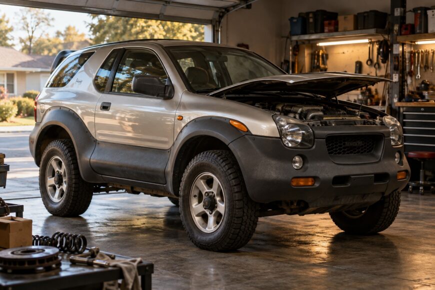 Silver Isuzu VehiCROSS SUV with open hood parked inside a brightly lit garage with tools on shelves