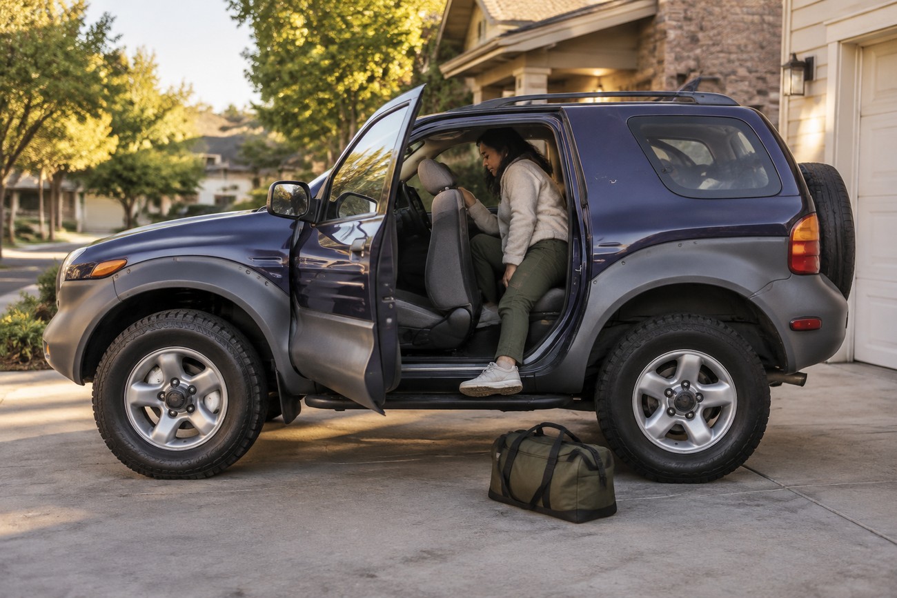 A woman getting into a blue Isuzu VehiCROSS SUV parked in a residential driveway