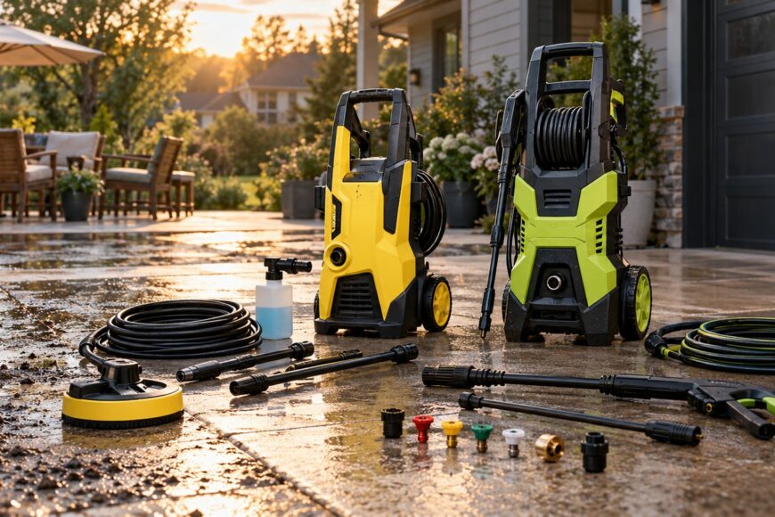 Kärcher and Ryobi electric pressure washers with hoses and spray nozzles displayed on a wet patio