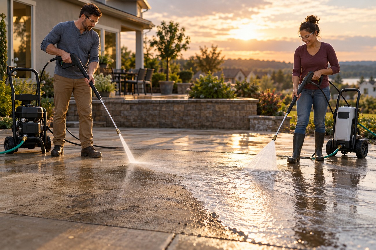 A man and a woman wearing safety glasses and operating electric pressure washers to clean a stone patio