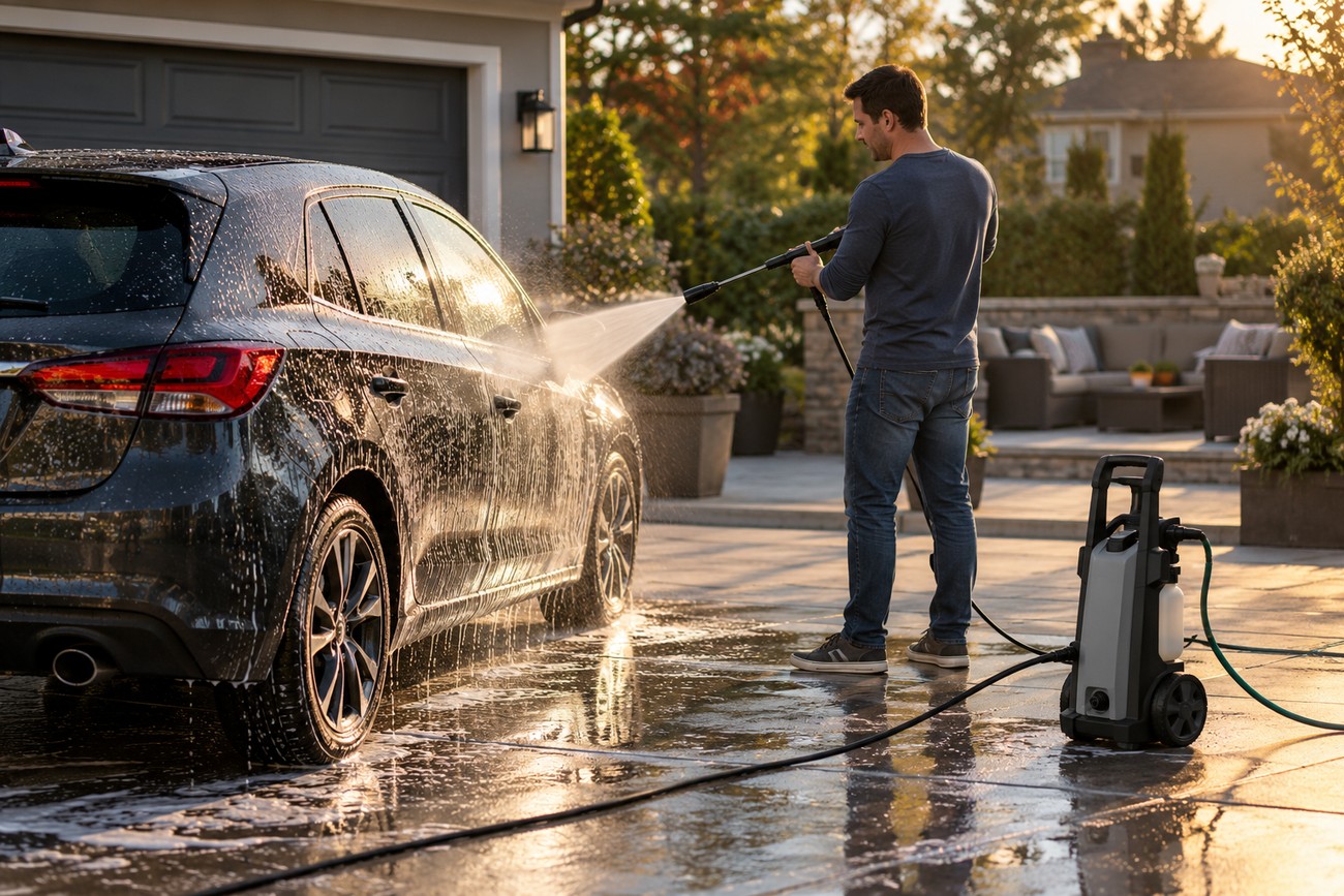 Man using an electric pressure washer to spray soap off a dark car in a driveway
