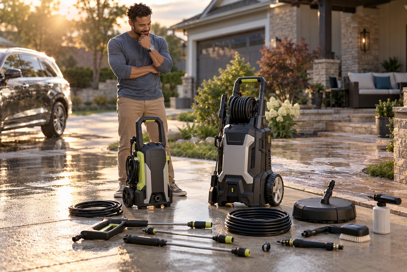 A man standing in a driveway beside two electric pressure washers and various cleaning attachments laid out on the wet pavement