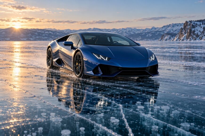 Blue Lamborghini Huracán drifting and racing on the transparent frozen surface of Lake Baikal at sunset