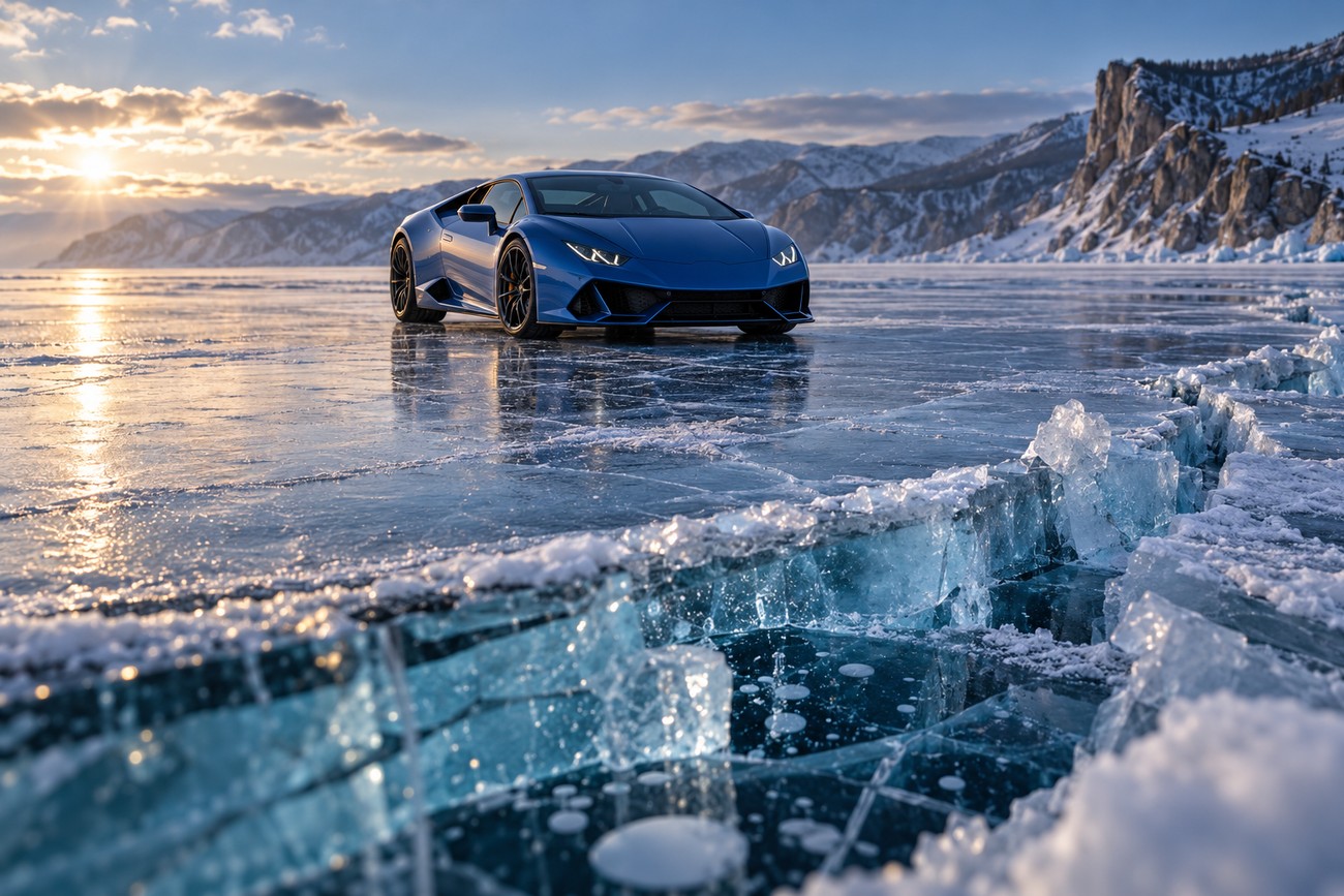 Blue Lamborghini Huracán supercar parked on the transparent frozen surface of Lake Baikal near snowy mountains at sunset