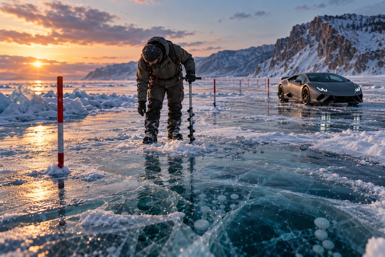 A man uses an ice auger on the crystal clear ice of Lake Baikal at sunset with a Lamborghini Huracán parked in the background