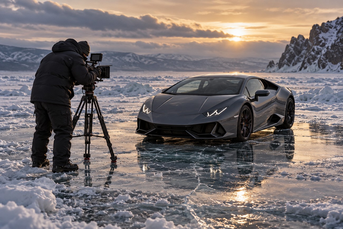 A cameraman films a gray Lamborghini Huracán supercar standing on the frozen clear ice of Lake Baikal at sunset