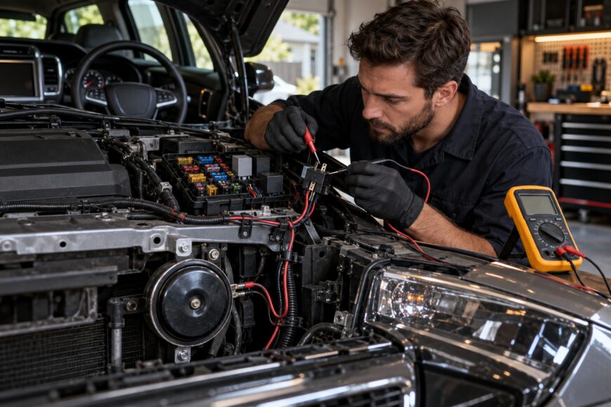 A mechanic wearing gloves checks the car horn electrical components with a multimeter in an open engine bay