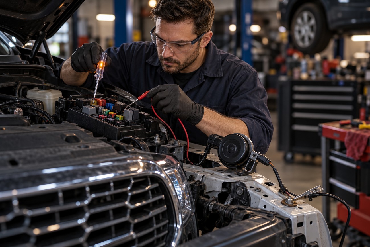 A mechanic wearing protective glasses uses a circuit tester to check fuses in a car engine bay while troubleshooting a broken horn