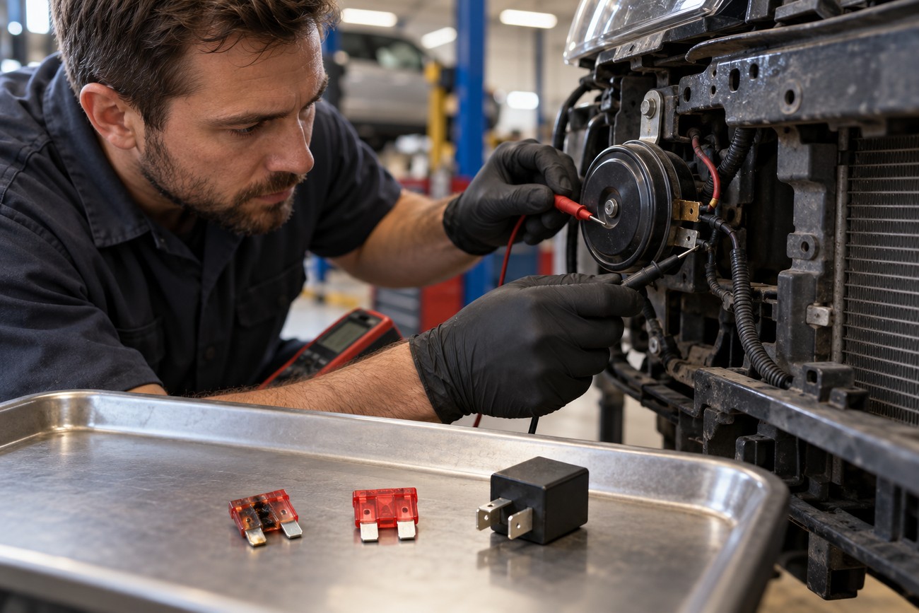 Mechanic in black gloves testing a car horn with a multimeter in a repair shop