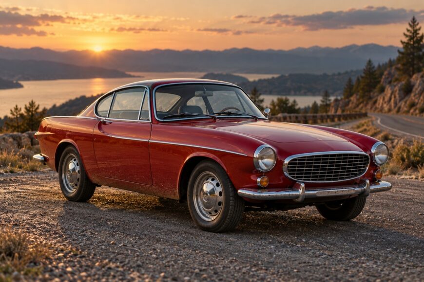 A vintage red Volvo P1800 coupe parked on a gravel roadside overlooking a scenic lake and mountains at sunset