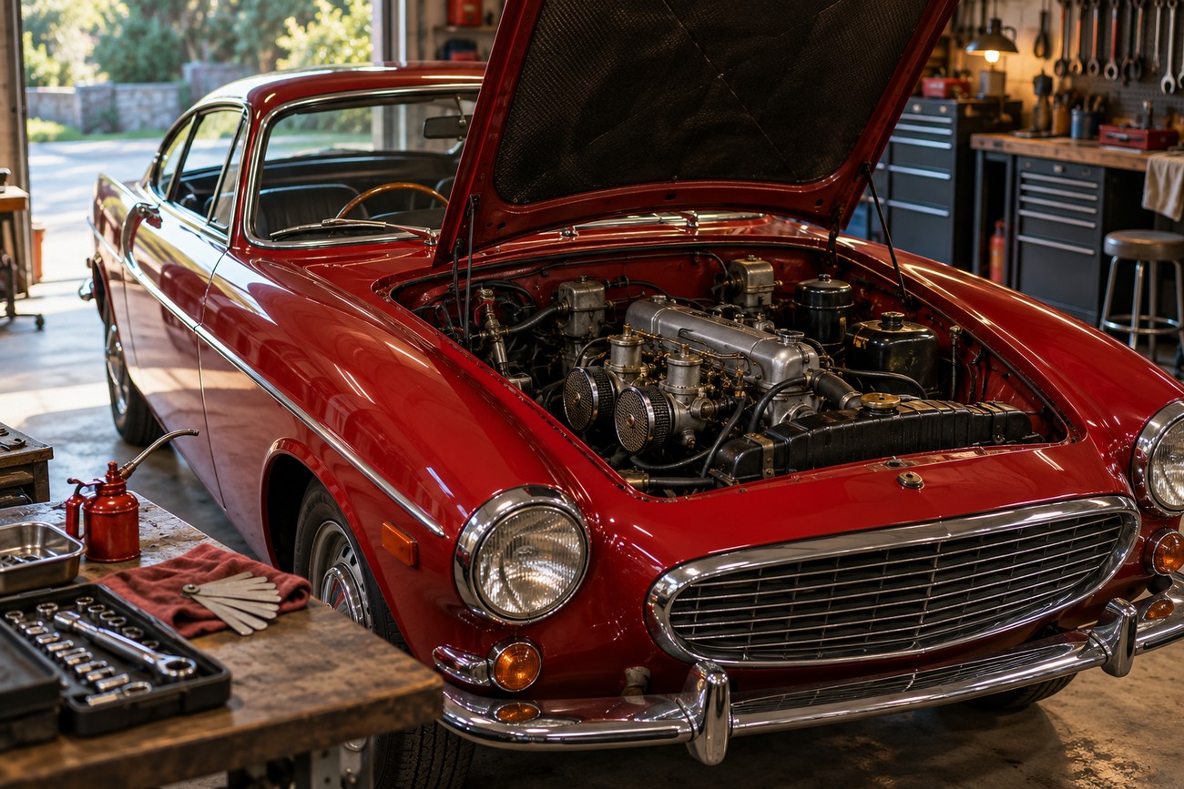 Classic red Volvo P1800 with an open hood revealing the engine parked inside a workshop with tools on a workbench