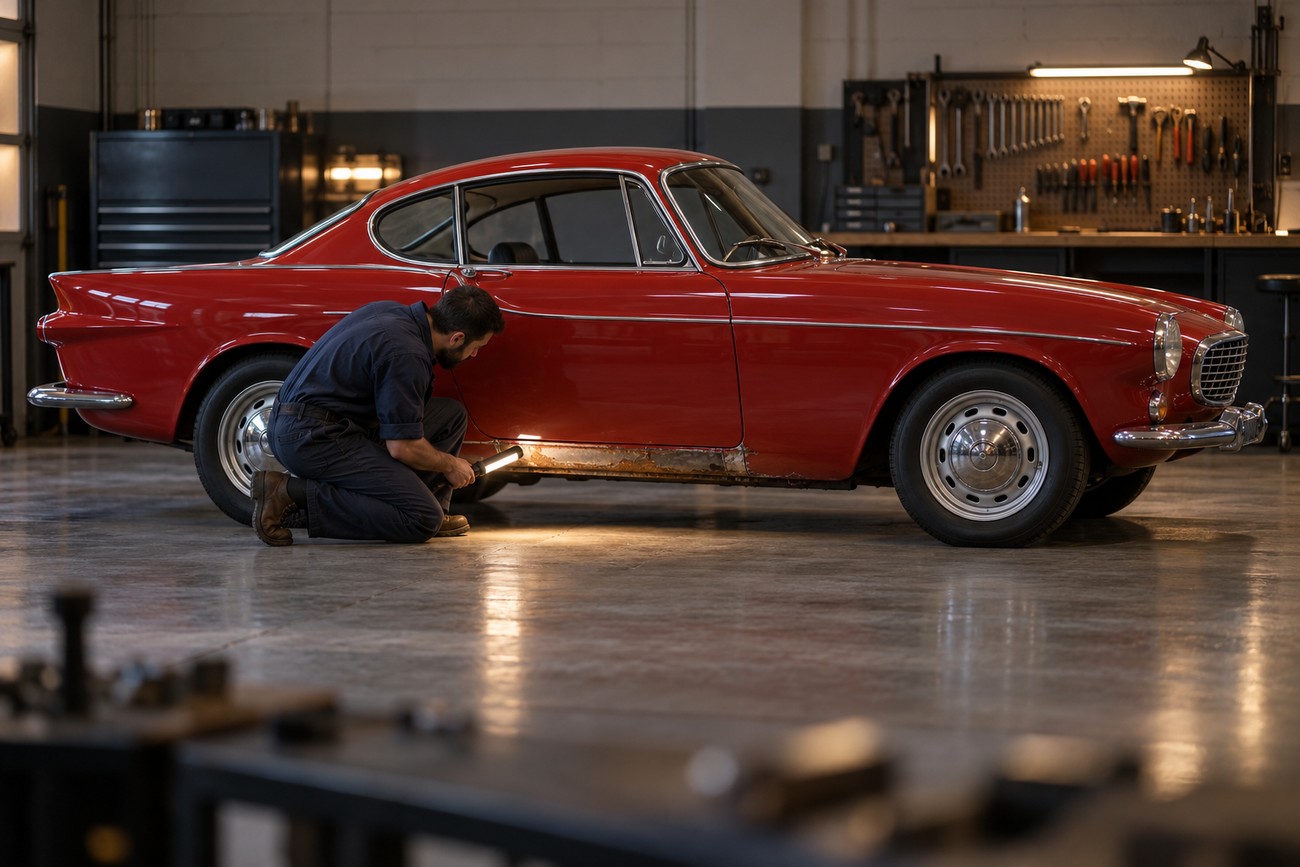 A mechanic crouches down with a flashlight inspecting the side panel of a red vintage Volvo P1800 inside a garage