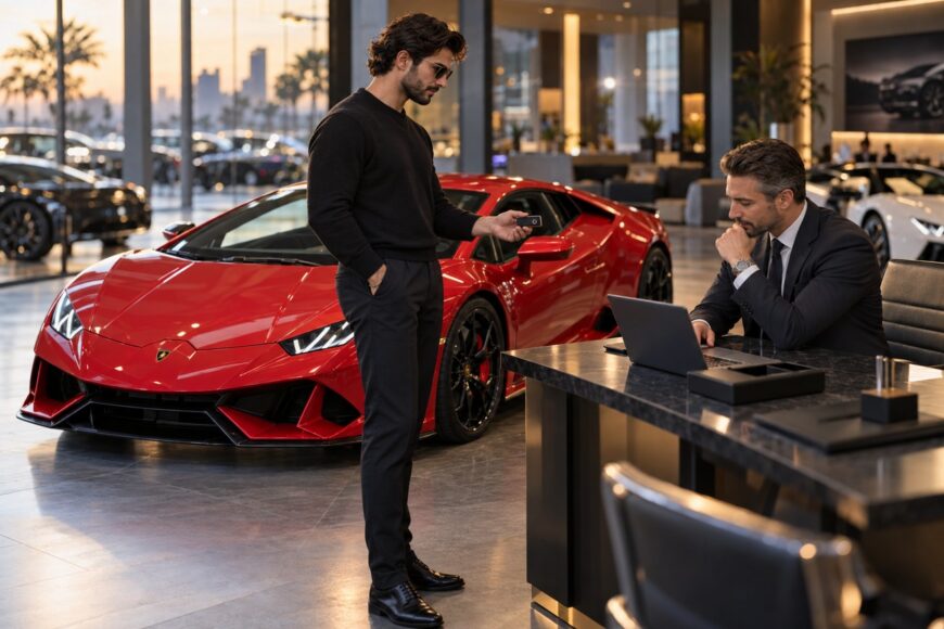 A man in black holding a key stands by a red Lamborghini Huracan in a luxury showroom while a dealer sits at a desk using a laptop