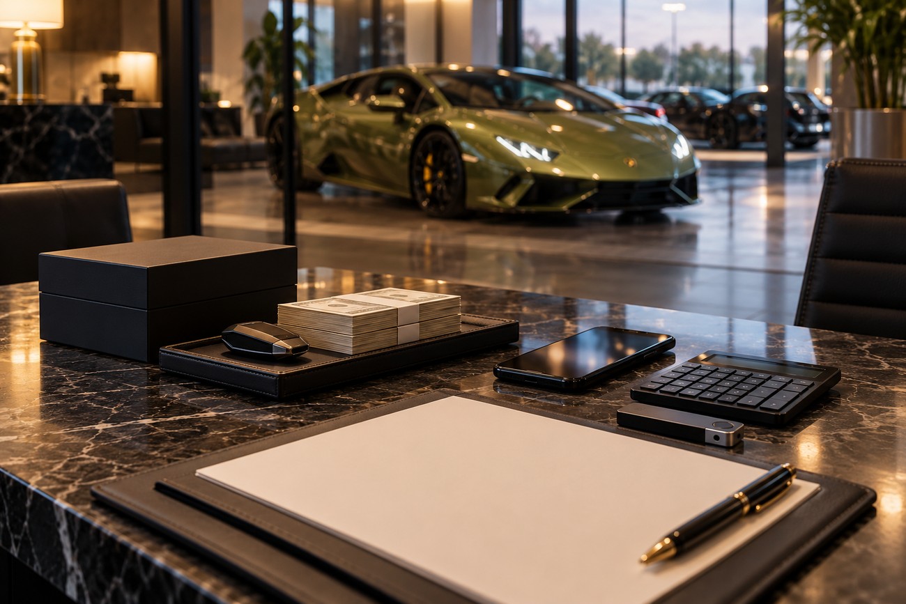 A marble desk in a luxury car showroom with a hardware wallet, smartphone, and a green Lamborghini Huracan in the background