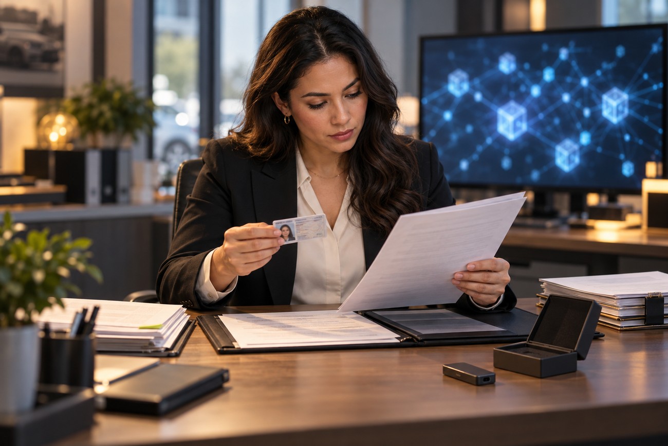 A woman sitting at an office desk holding an identity card and reviewing financial documents for a cryptocurrency supercar purchase