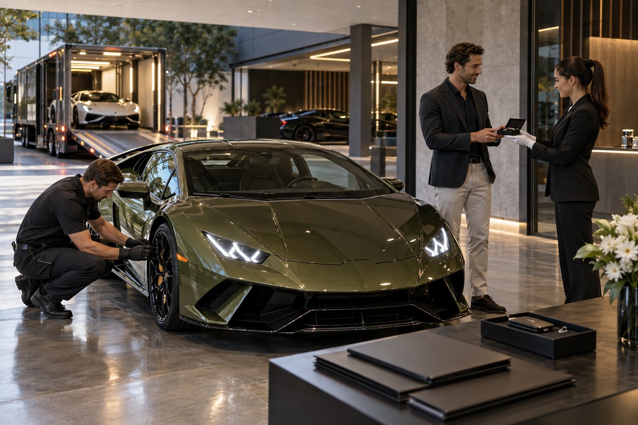 A man in a showroom receives car keys from a manager after purchasing a green Lamborghini Huracan with Bitcoin