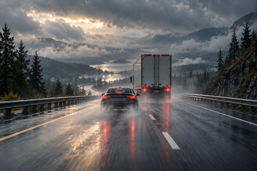 A modern car driving behind a large semi truck on a wet rainy mountain highway