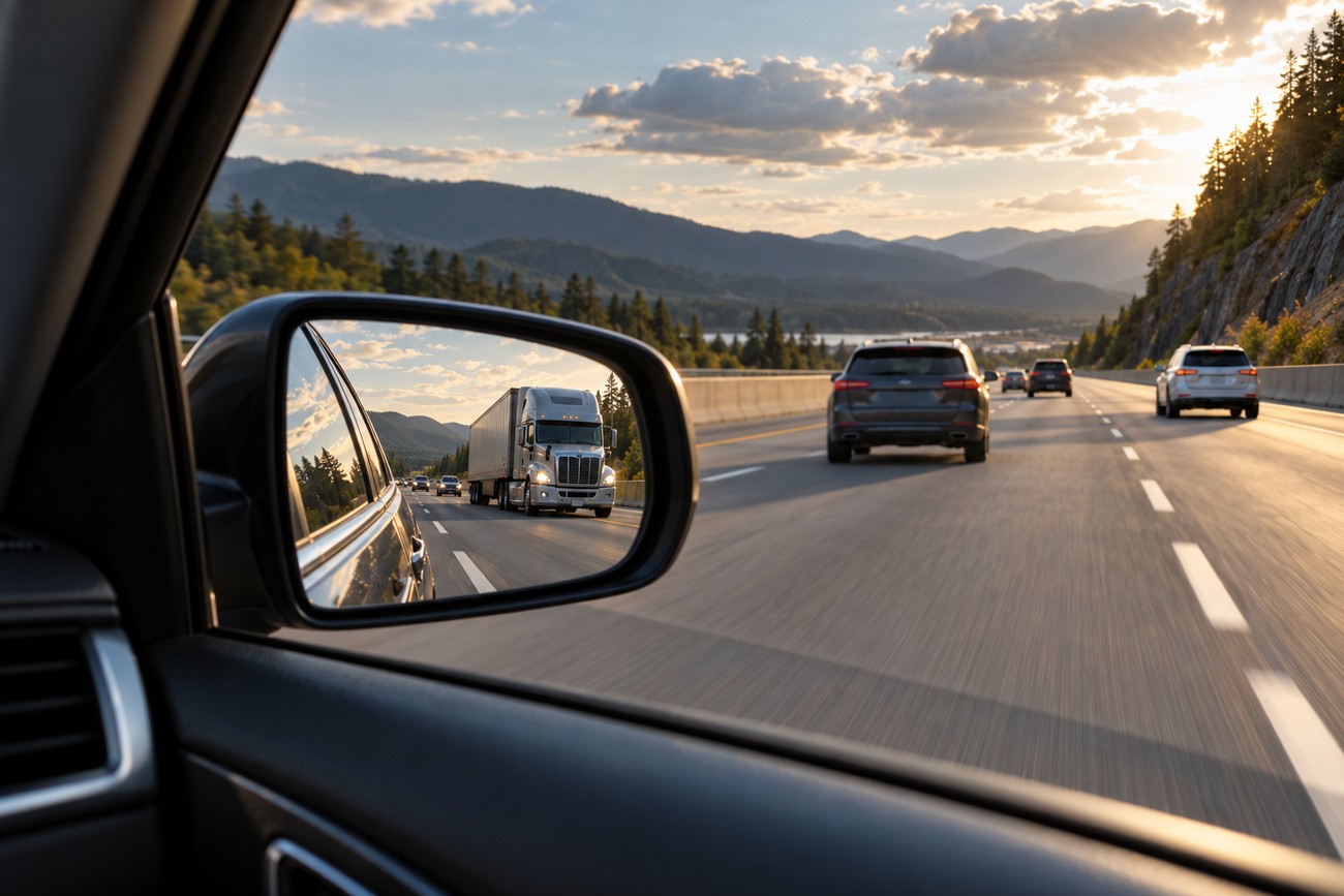 View from inside a car showing a large semi-truck visible in the side mirror while driving on a highway at sunset