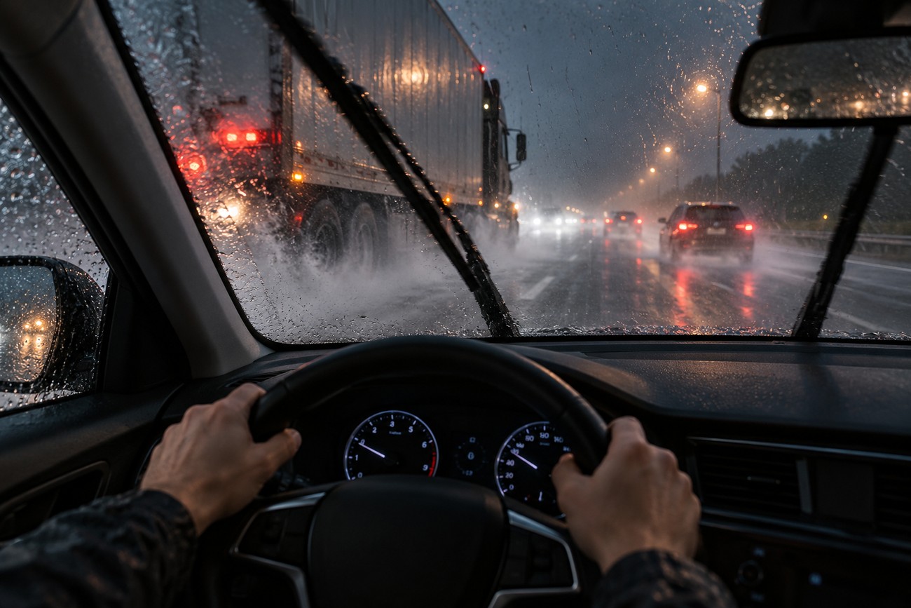 Driver holding a steering wheel from inside a car while driving on a wet highway near a large semi-truck during heavy rain