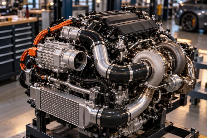 Modern high-performance car engine with an electric turbocharger and intercooler mounted on a stand in a workshop