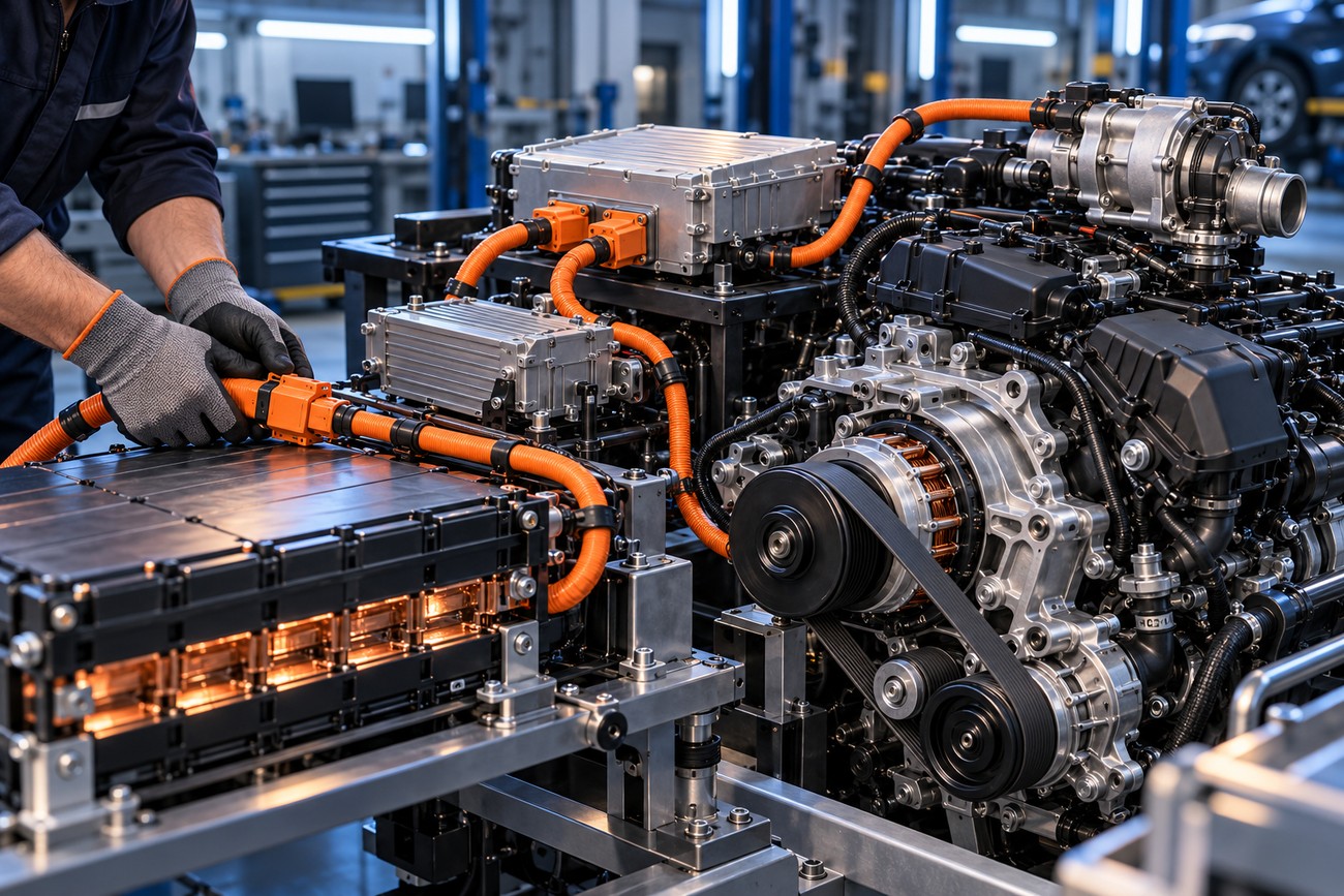 A mechanic in gloves connects high-voltage orange cables on a hybrid vehicle engine and electric boost system in a workshop