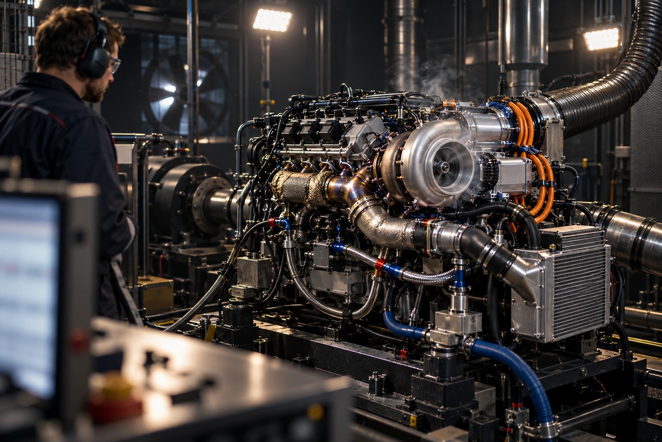 An engineer in protective gear observing an electric turbocharger mounted on a complex engine test bench