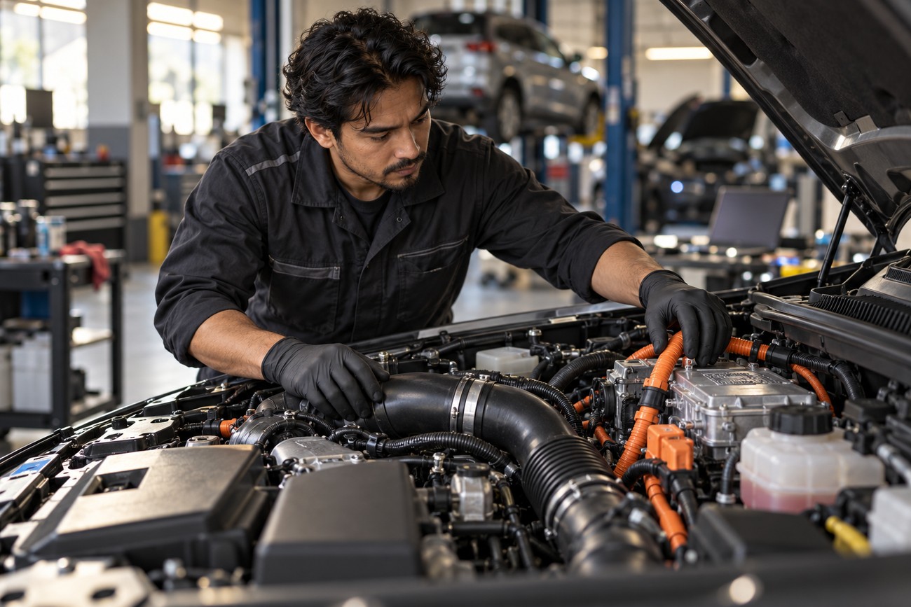 A mechanic in black overalls and gloves inspecting the electric turbocharger and wiring under the hood of a car in a service garage