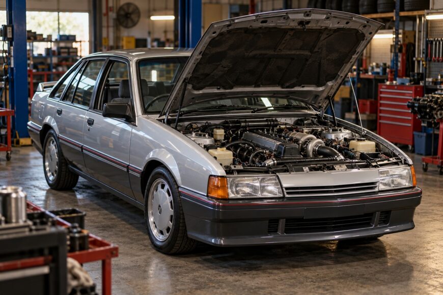 Silver Holden VL Commodore Turbo with open hood parked inside a professional mechanic workshop