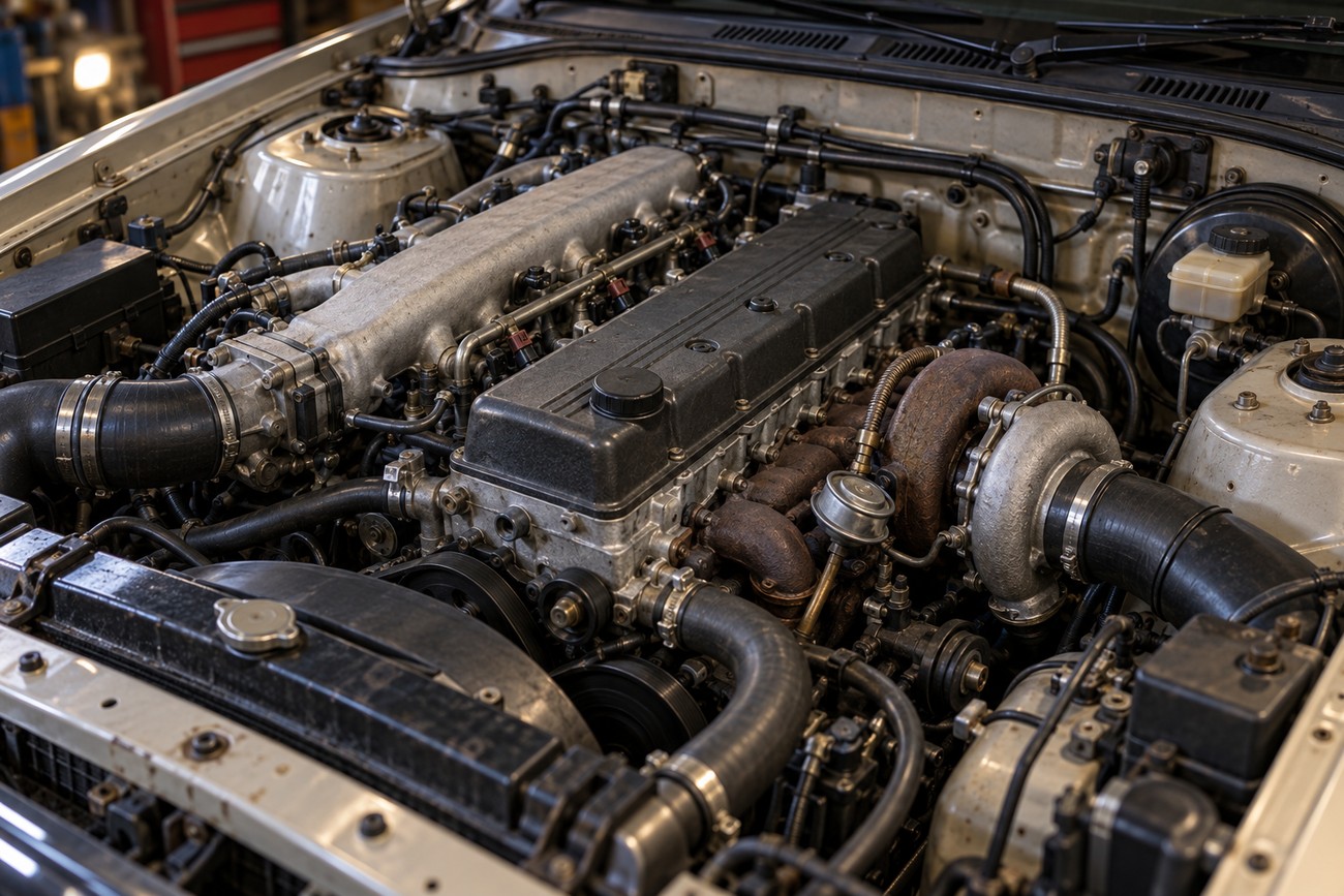 A detailed view of the turbocharged Nissan RB30ET engine under the hood of a Holden VL Commodore