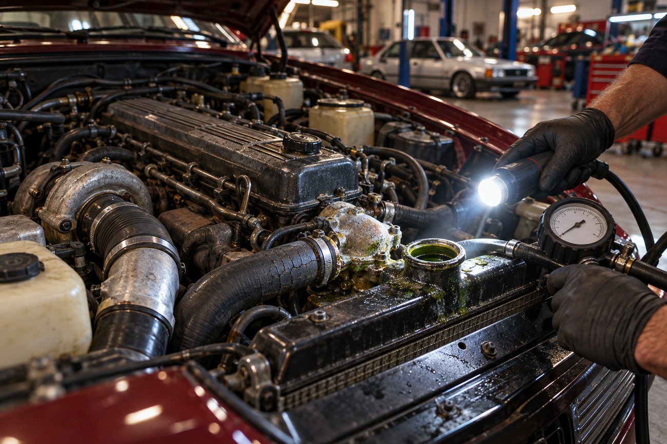 Mechanic wearing black gloves inspects the turbocharged engine bay of a Holden VL Commodore with a flashlight
