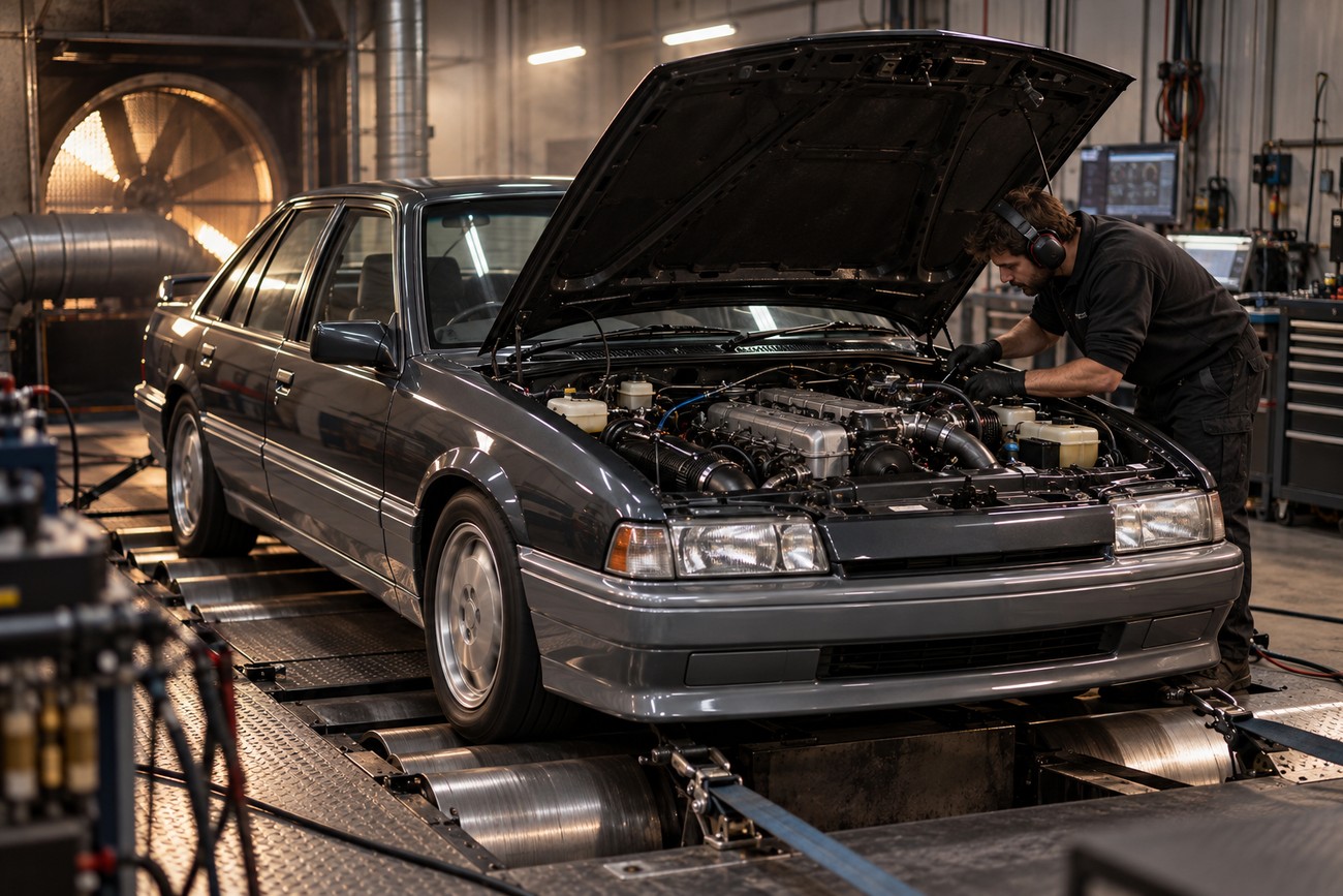 Mechanic working on the Nissan turbo engine of a grey Holden VL Commodore on a dynamometer in a garage