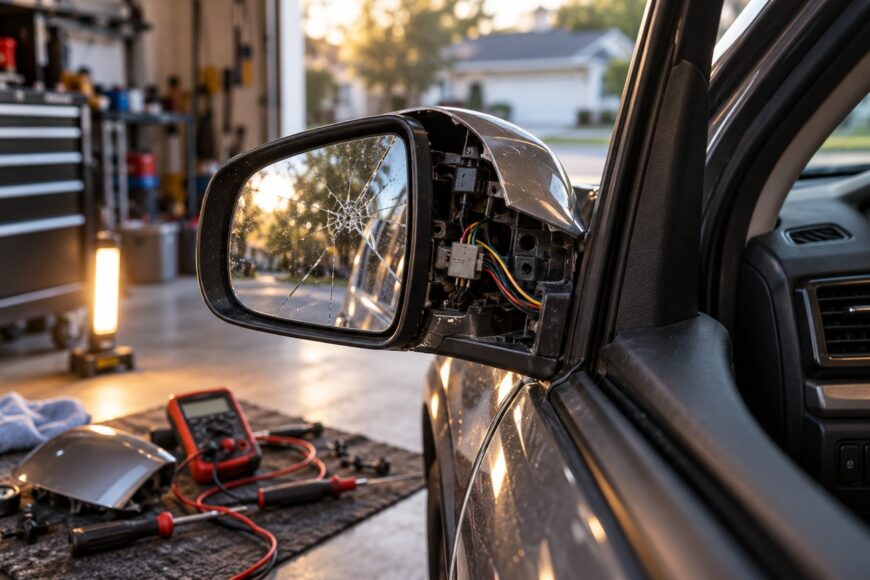 A close-up of a broken car side mirror with shattered glass and exposed internal wiring in a garage