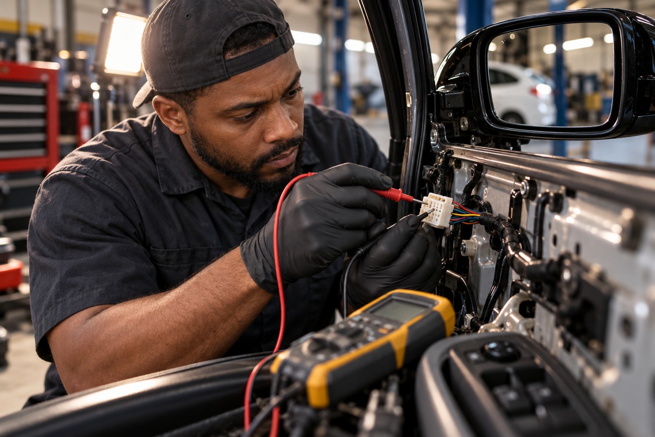 A mechanic wearing black gloves uses a multimeter to test electrical wiring inside a car door during side mirror repair