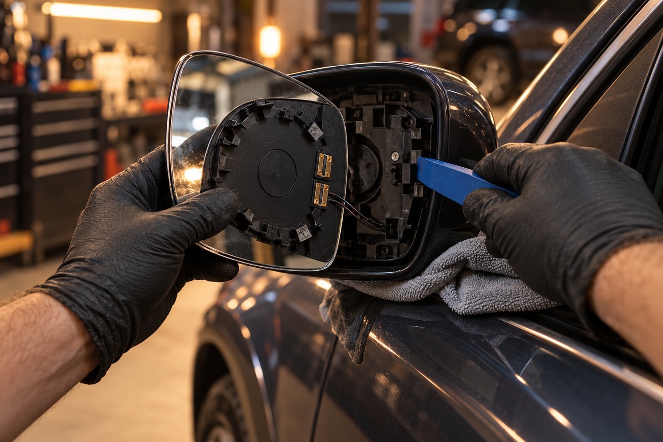 Mechanic wearing black gloves holding a replacement glass for a car side mirror in a garage