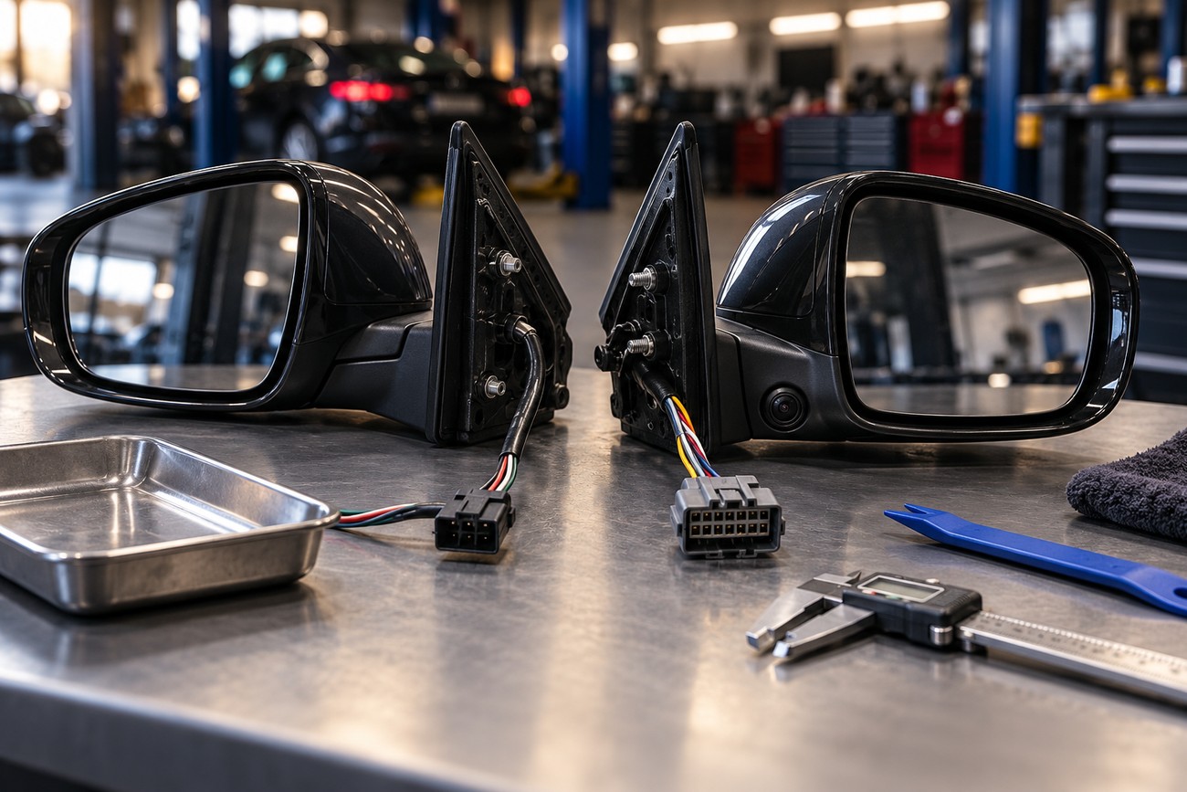 Two black car side mirrors with wiring harnesses placed on a metal workbench in an auto repair shop