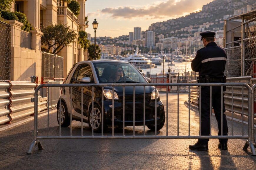 A police officer stands near a metal barrier watching a black and silver Smart Fortwo car on the Monaco GP circuit