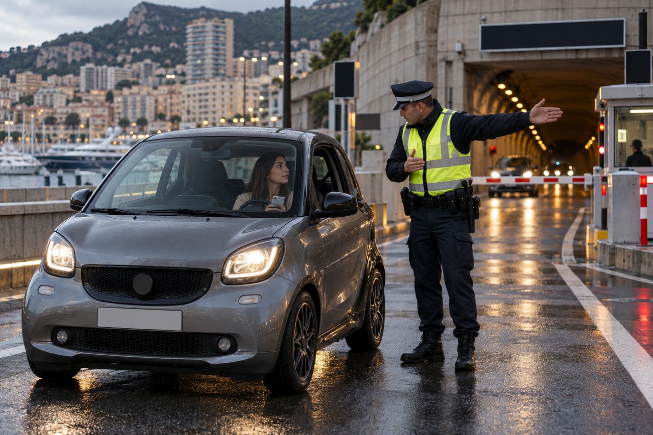 Police officer in reflective vest directing a driver in a gray Smart Fortwo near a tunnel on the Monaco GP circuit