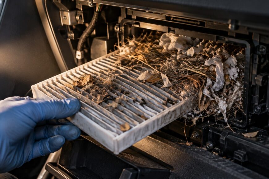 A mechanic in blue gloves removes a dirty cabin filter filled with a mouse nest from a Subaru Forester dashboard